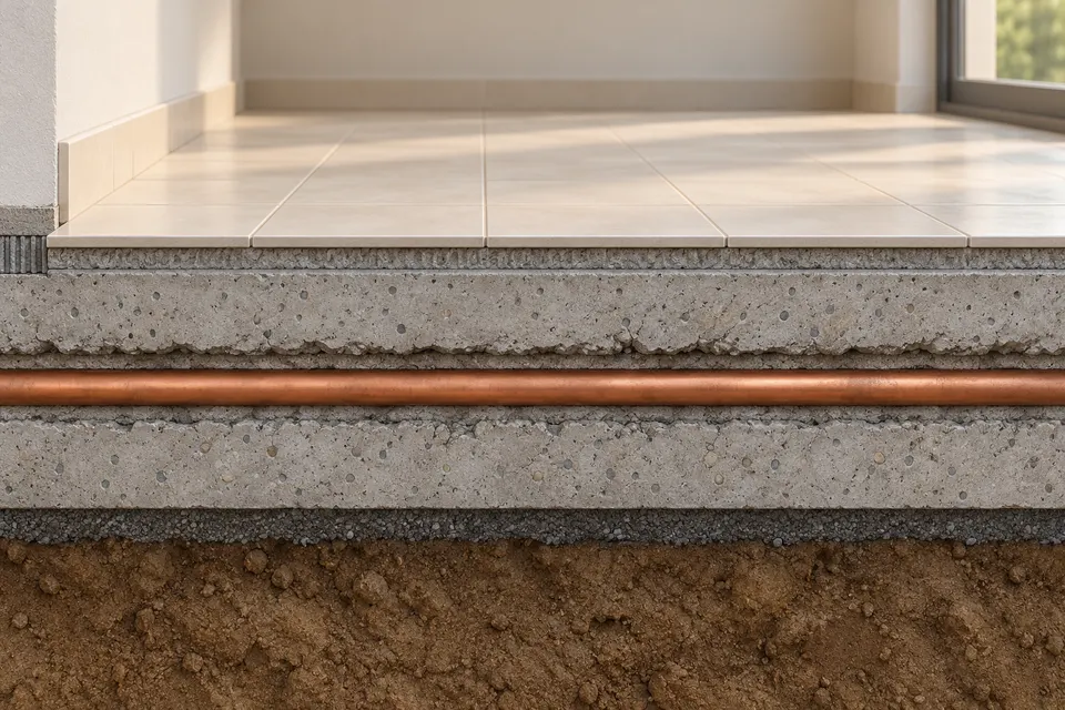 Generated illustration of piping beneath a Clearwater home's floor slab.